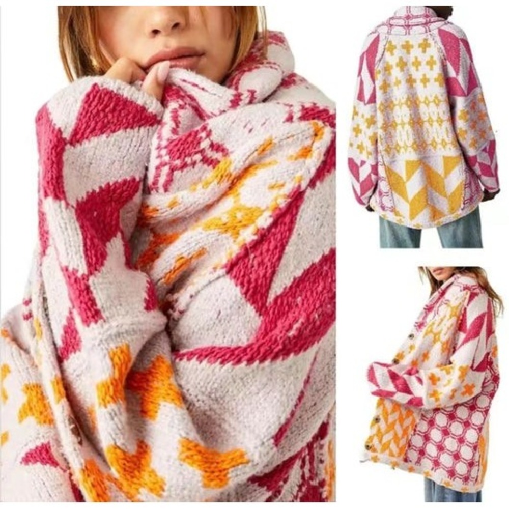 Free People Bright Optimistic Cardi Apricot Rose Chunky Knit Cardigan Small